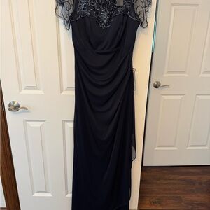 Xscape Navy Maxi Dress with Lace Overlay